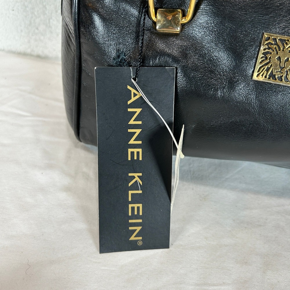Anne Klein Vintage Black Leather Satchel Crossbody Bag Gold Lion Logo NWT - Picture 4 of 15